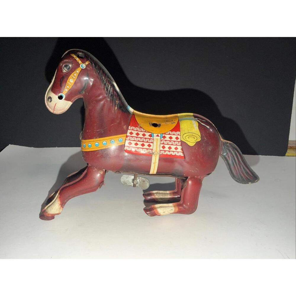 Vintage Japanese Pressed Tin Wind up Horse by Haji -Works